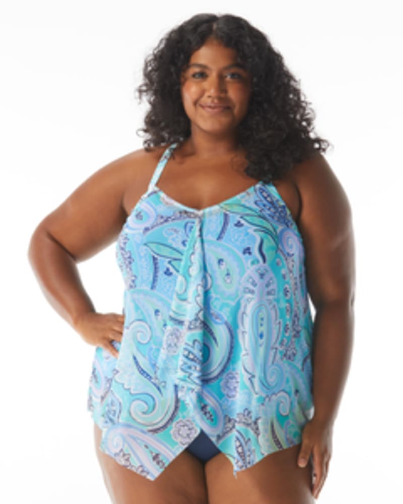 Front of a model wearing a size 16W Kerry Tankini Swim Top in PARADISE PERI by Beach House Woman. | dia_product_style_image_id:269179
